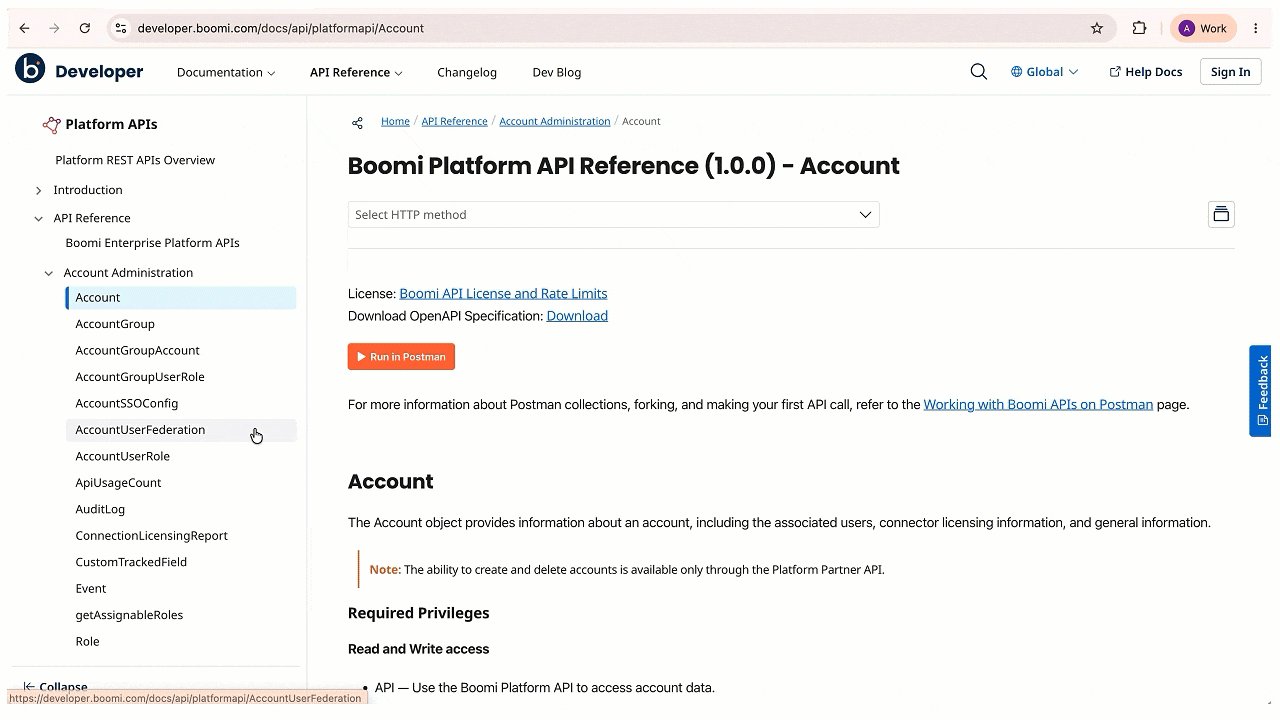 Animated demonstration showing how to fork a Boomi REST API collection from the Boomi Developer Documentation using the Run in Postman link